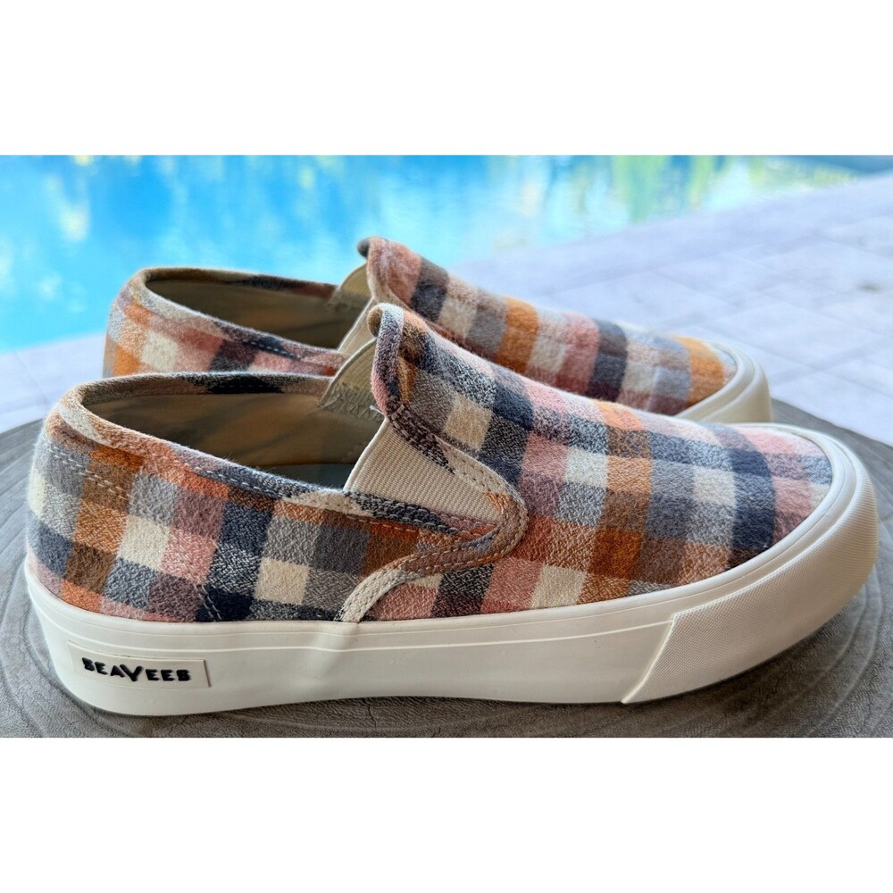 SeaVees Baja Platform Sneakers Womens 7.5 Chai Plaid Checkered Flannel Slip On